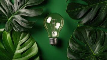 Light bulb on green background with green leaves photo