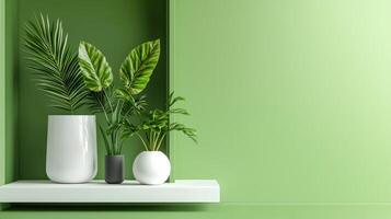 Three vases with plants on a shelf in front of a green wall photo