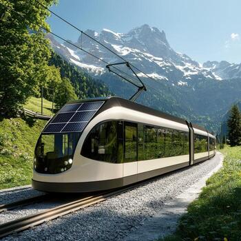 un tren de viaje abajo el pistas en frente de un montaña foto