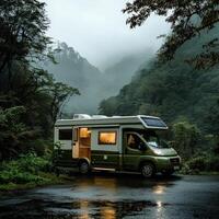 A camper van parked on a wet road in the woods photo