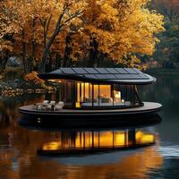 A floating house with solar panels on the roof photo