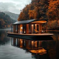 A floating houseboat on a lake with trees photo