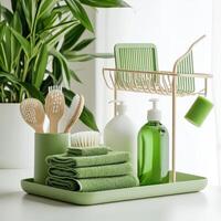Green bathroom accessories on a tray photo