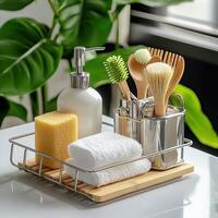 A tray with a toothbrush, soap, and towel photo