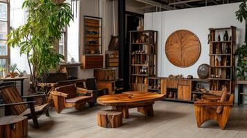 A room with wooden furniture and plants photo