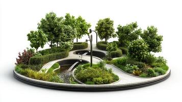 A circular garden with trees and plants photo