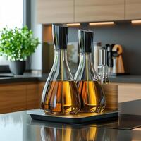 A kitchen counter with two bottles of liquor on it photo