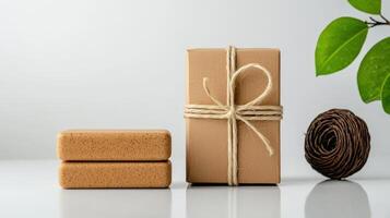 Two soap bars wrapped in brown paper and tied with twine photo