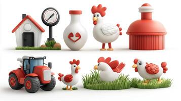 Farm animals and farm items set 3d illustration photo