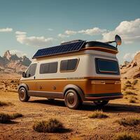 A van with solar panels on the roof in the desert photo