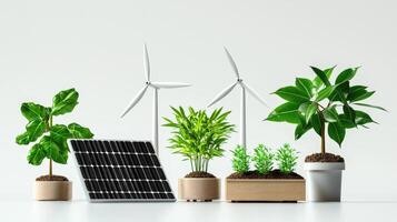 Various types of plants and solar panels on a white background photo