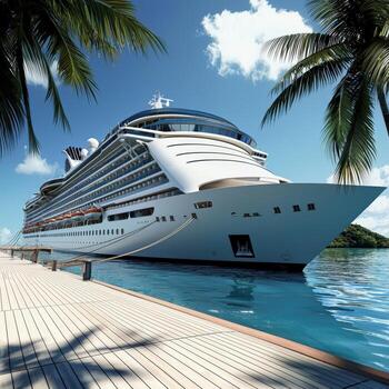 A cruise ship docked at the end of a dock photo