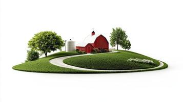 A farm with a red barn and trees on a hill photo