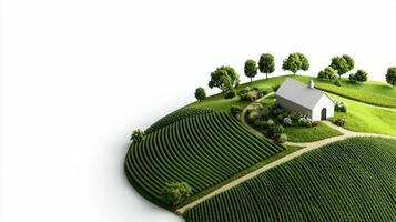 A small house on a hill surrounded by trees and grass photo