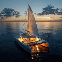 A catamaran sailing at sunset photo