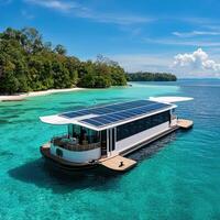 A floating houseboat with solar panels on the roof photo