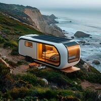 A tiny house on the beach with a solar panel photo