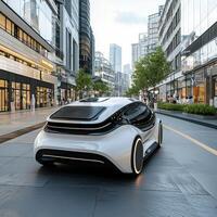 The futuristic car is driving down a city street photo