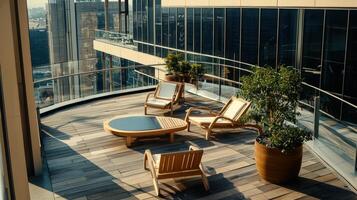 A balcony with wooden chairs and a table photo
