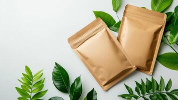 Two brown paper bags with green leaves on a white background photo