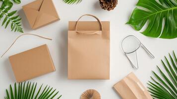 Brown paper bag with gift box, scissors, and palm leaves on white background top view photo