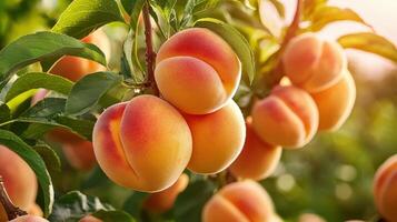 Peaches on a tree in the sun photo