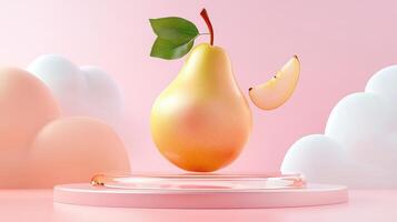 A pear is floating in the air on a stand photo