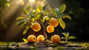 A tree with fruit on it and sunlight shining through photo
