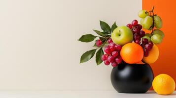 A vase with fruit on a table photo