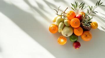 A bunch of fruit on a white table photo