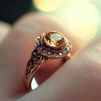 A woman's hand holding a ring with a yellow stone photo