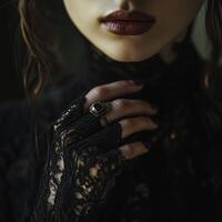 A woman with dark eyes and dark lips wearing a black lace top photo