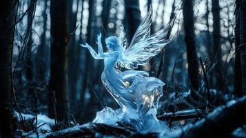 A blue fairy statue in the woods photo