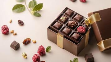 Chocolate gift box with raspberries and nuts on a light background photo