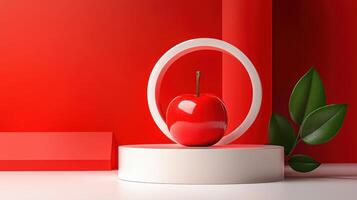 A red apple on a white pedestal with a leaf photo