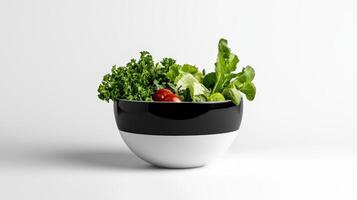 A black and white bowl with vegetables in it photo