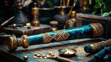 A large, ornate, blue and gold telescope sits on a table photo