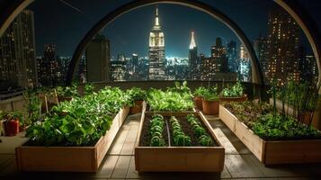 A rooftop garden with plants and a view of the city photo