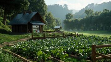 A small wooden house sits in the middle of a field photo