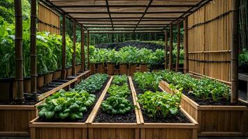 A garden with many plants in wooden planters photo