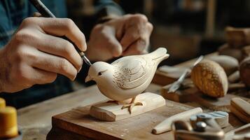 A person is working on a wooden bird photo