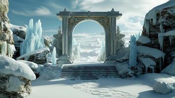 A snowy archway leads to a snowy mountain photo