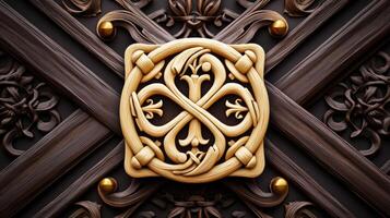 A golden ornate design on a wooden door photo