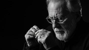 An older man with glasses and a beard is looking at his hand photo