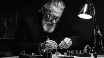 An old man with a beard and glasses is working on a clock photo