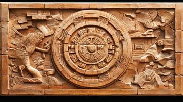A wooden plaque with a large circular design photo