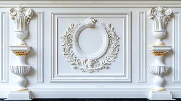 A white wall with a decorative fireplace and a mirror photo