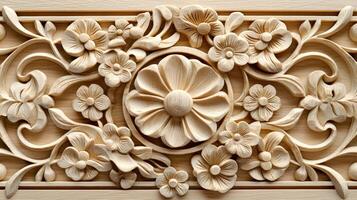 Carving of flowers and leaves on a wood panel photo