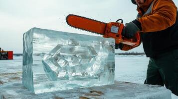 A man using a chainsaw to cut an ice sculpture photo