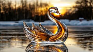 A glass swan is sitting on the ice in front of the sun photo